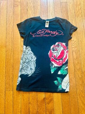 Ed Hardy Women's Graphic Tee Black Rose Tiger Shirt Size XS